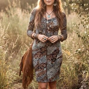 LAPIS Animal Abstract Print Zip-Front Bodycon Dress Cheetah Edgy Party Boho